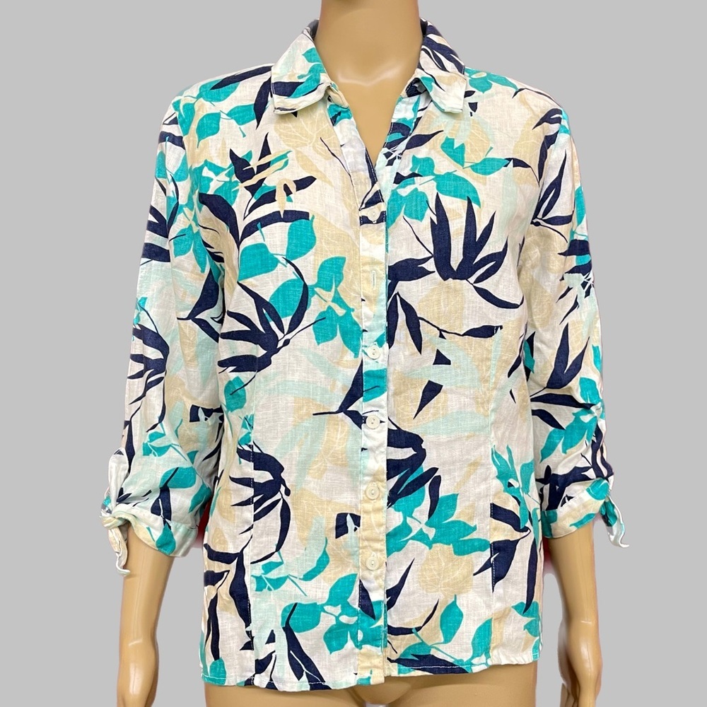 JM Collection Petite Linen Tropical ¾ sleeve Camp Shirt Size 14P
